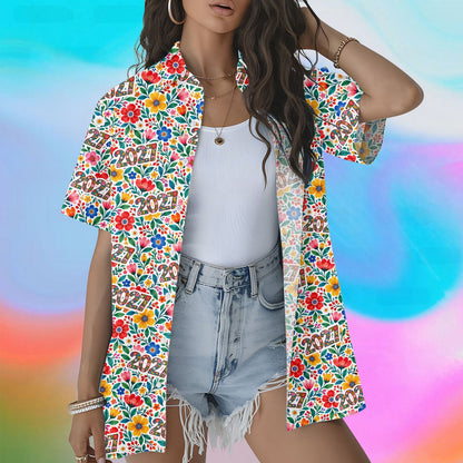 Lifestyle image of the floral 2027 hawaiian shirt being worn