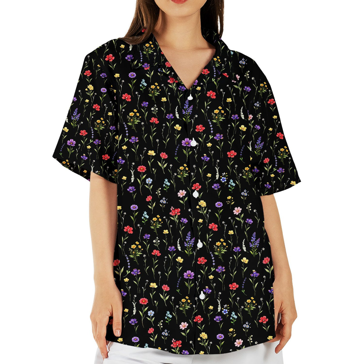 Black floral hawaiian shirt featuring scattered wildflowers, front view