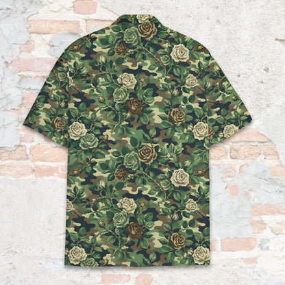 Another back view of the floral camo hawaiian shirt on a model
