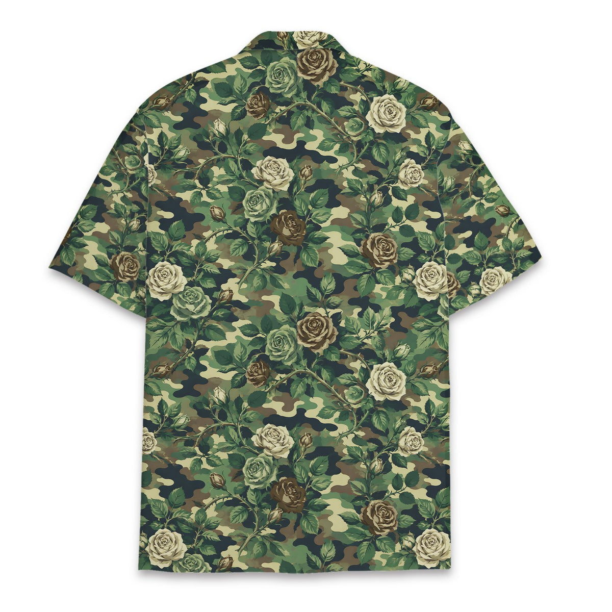 Back view of the floral camo hawaiian shirt