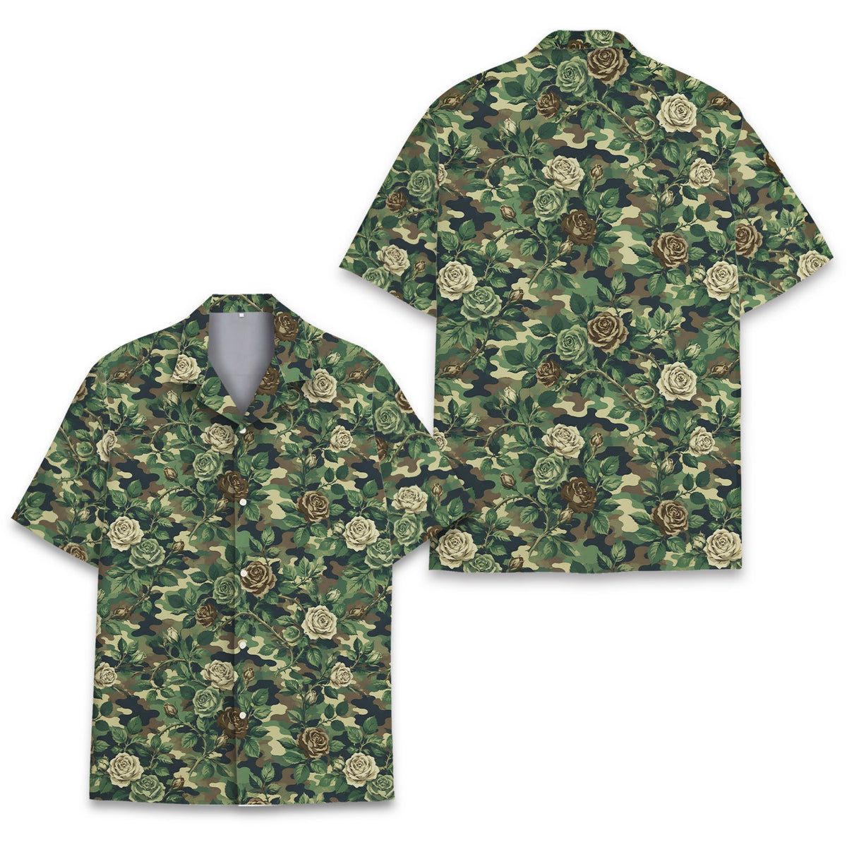 Another front view of the floral camo hawaiian shirt on a model