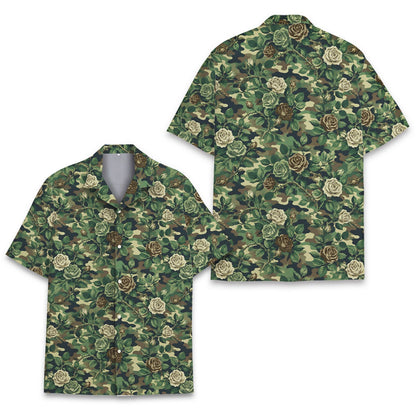 Another front view of the floral camo hawaiian shirt on a model