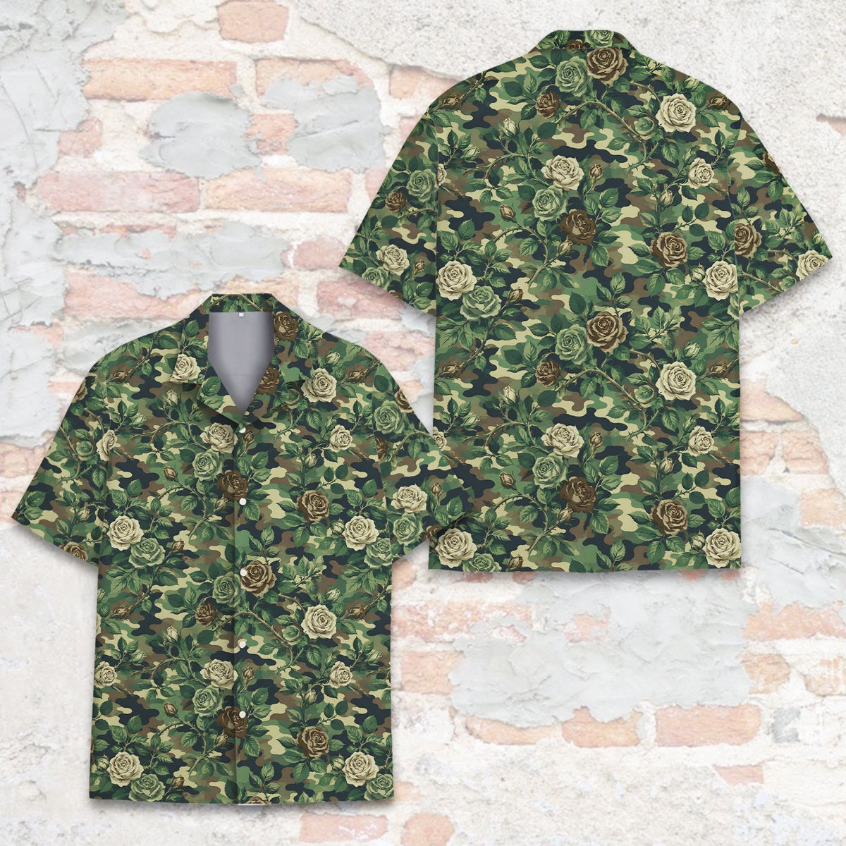 Close-up front view of the woodland camo and rose vine pattern