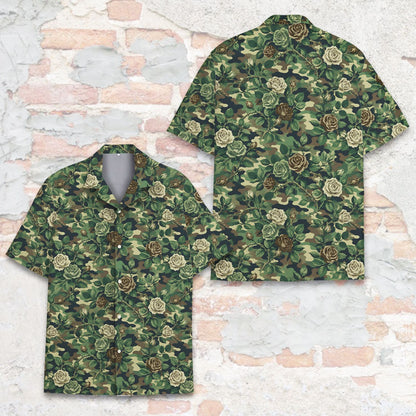 Close-up front view of the woodland camo and rose vine pattern
