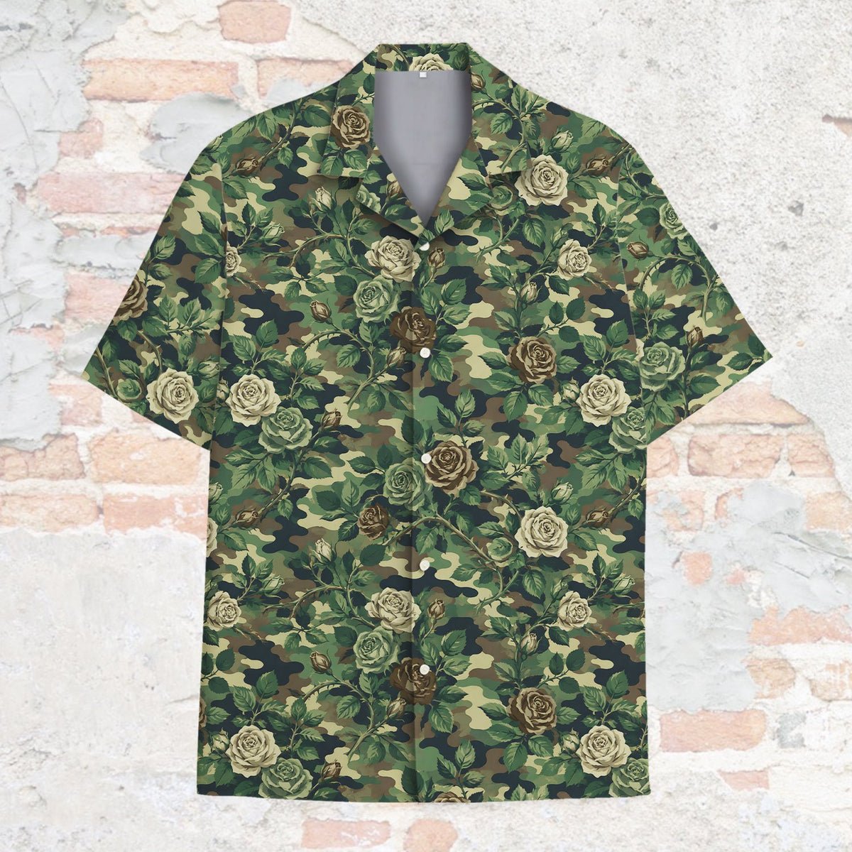 Front view of the floral camo hawaiian shirt