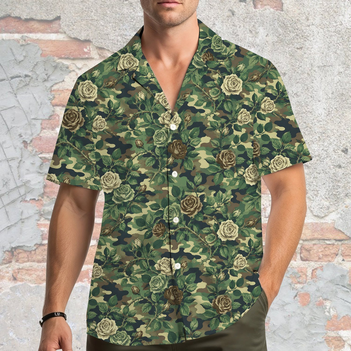 Second lifestyle view featuring the camo hawaiian shirt in an outdoor setting