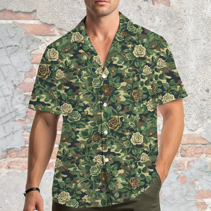 Second lifestyle view featuring the camo hawaiian shirt in an outdoor setting