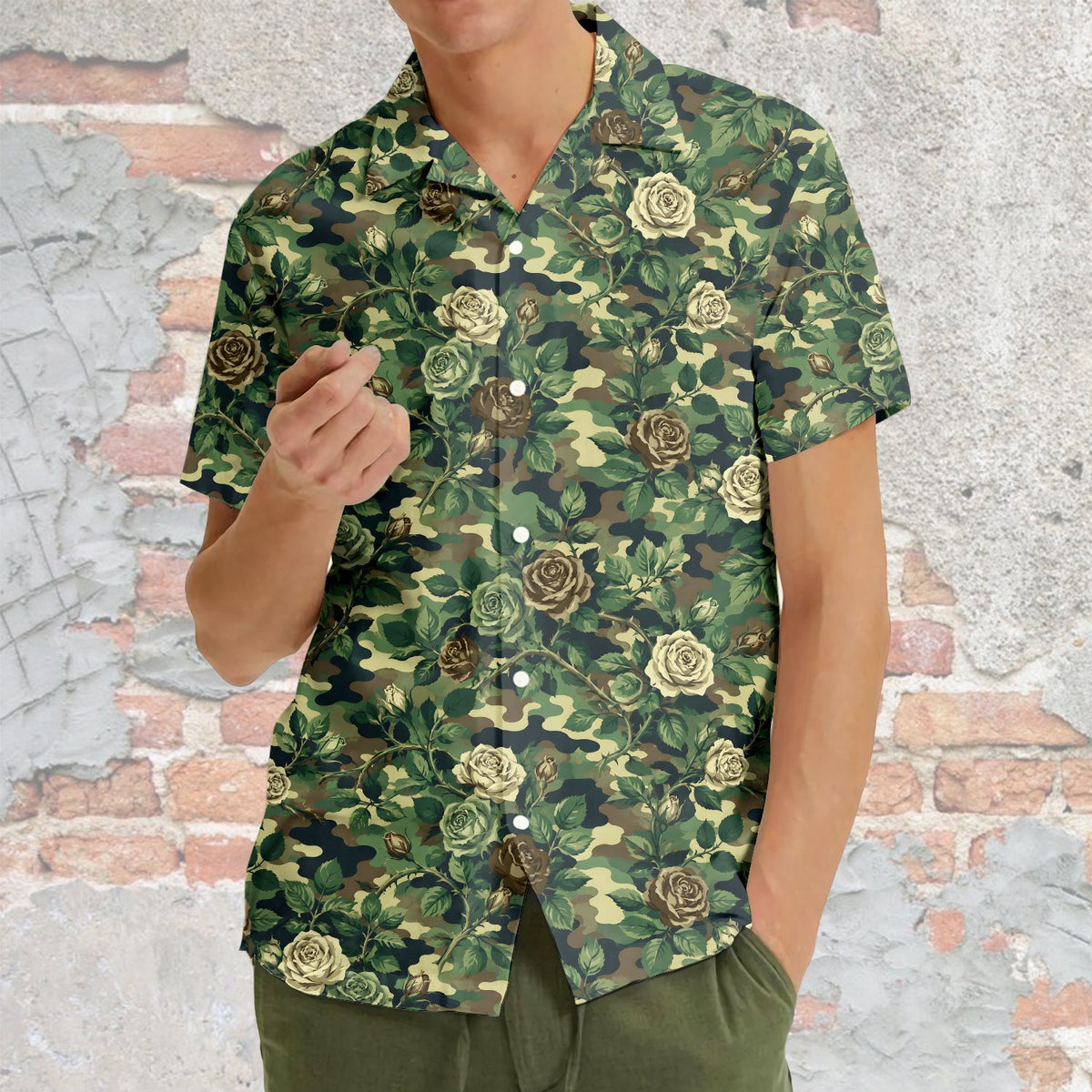 Fourth lifestyle view of the floral camo hawaiian shirt