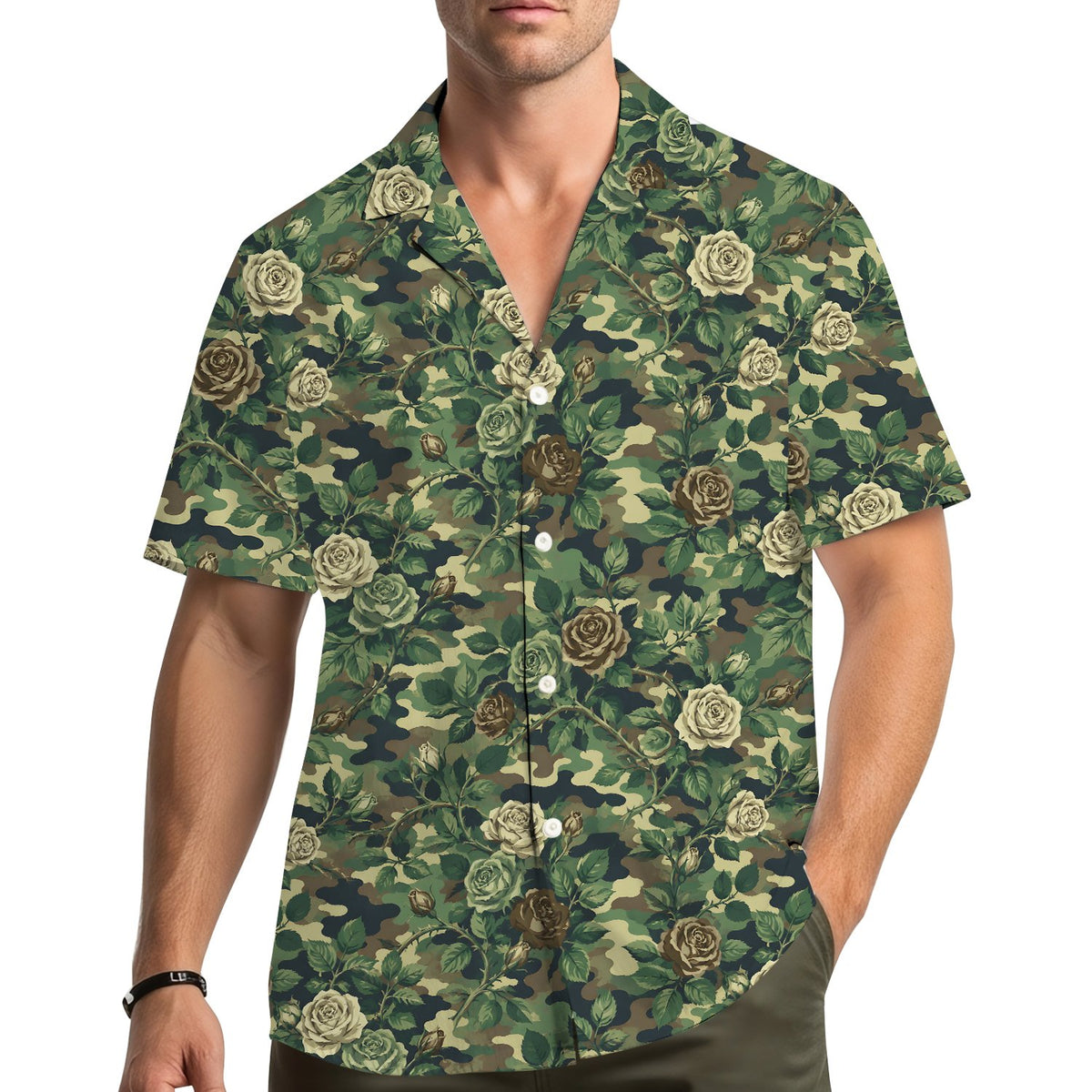 Lifestyle view of an adult wearing the floral camo hawaiian shirt