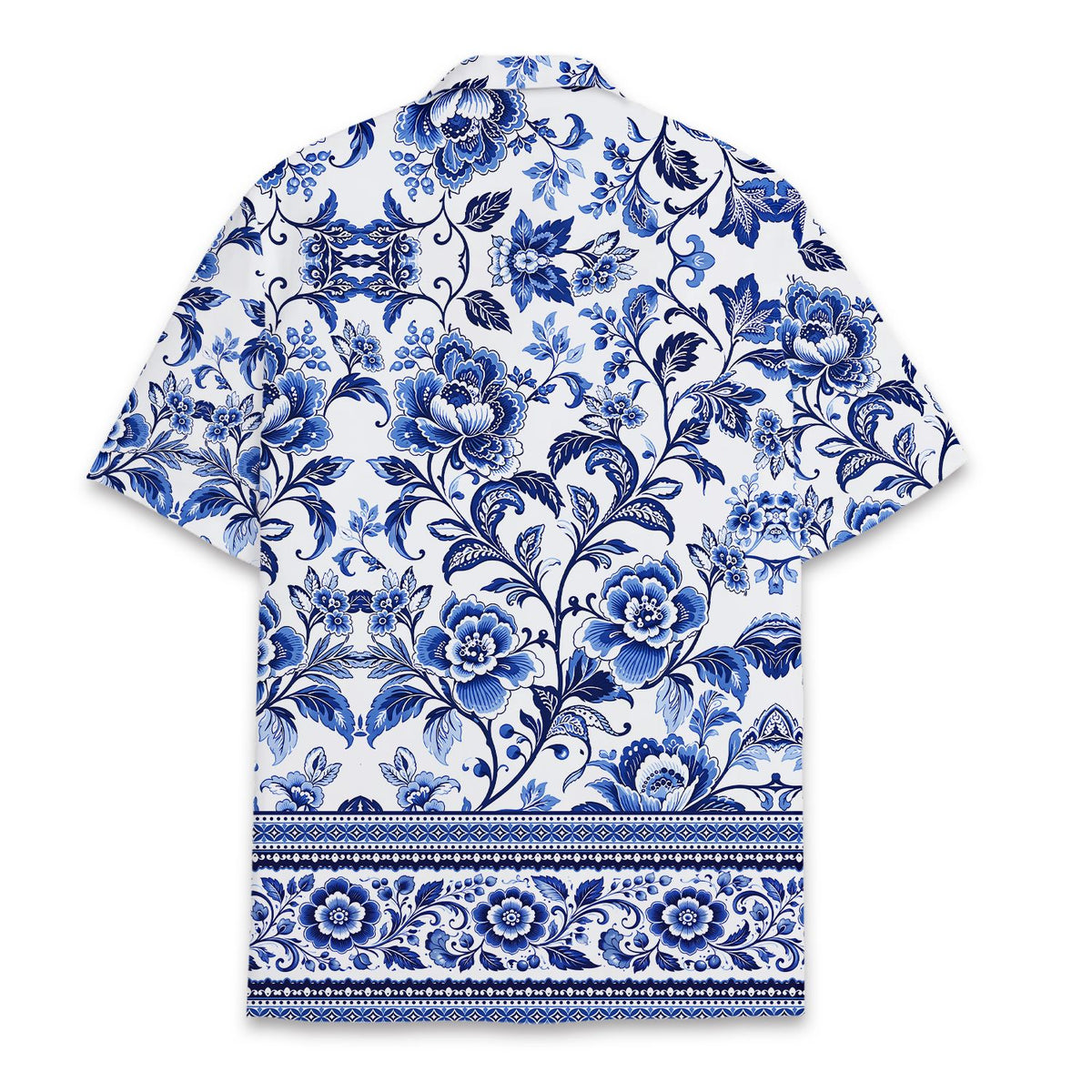 Alternate back view of white floral Hawaiian shirt with blue vine pattern