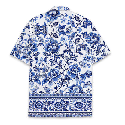 Alternate back view of white floral Hawaiian shirt with blue vine pattern