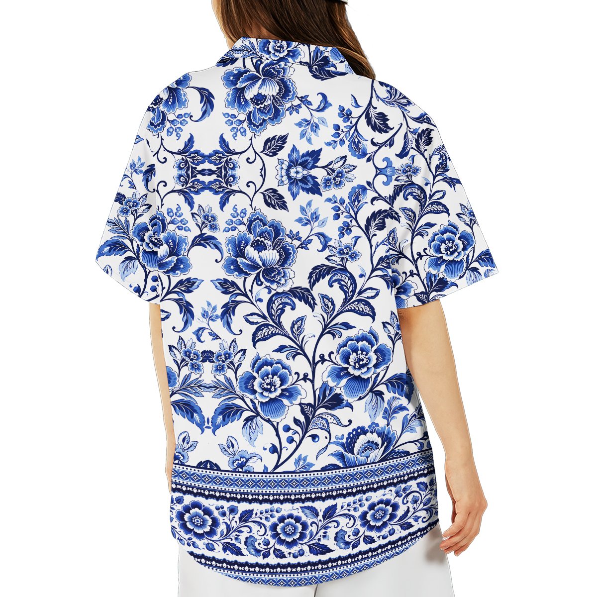 Back view of white floral Hawaiian shirt with blue vine pattern