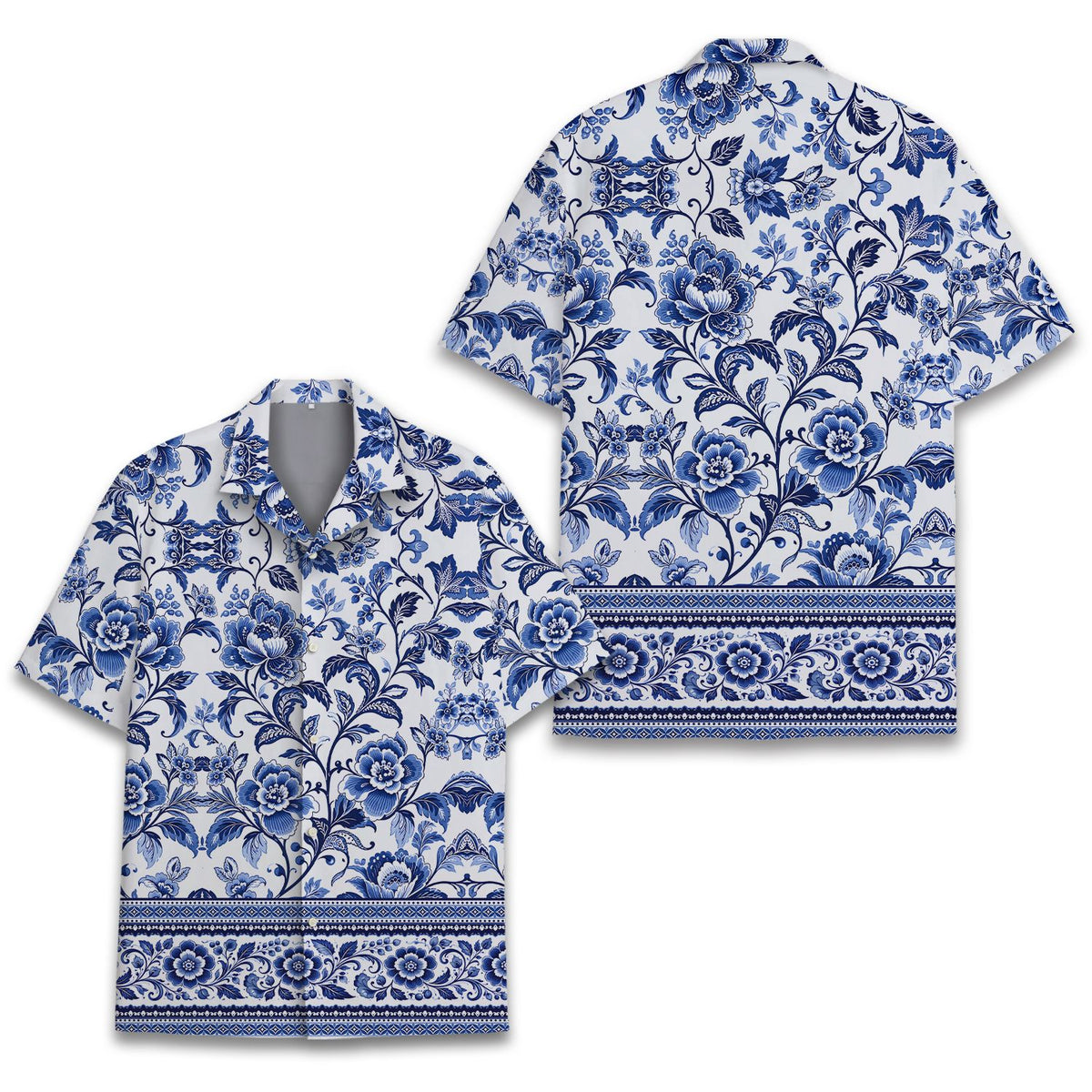 Alternate front view of white floral Hawaiian shirt with blue vine pattern