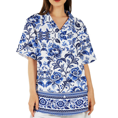 Front view of white floral Hawaiian shirt with blue vine pattern