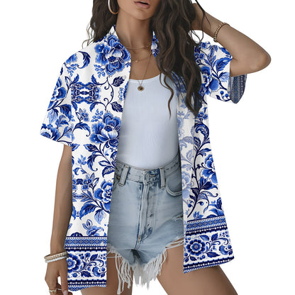Second lifestyle image featuring the white floral Hawaiian shirt