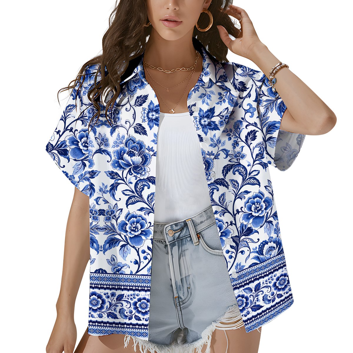 Lifestyle image featuring the white floral Hawaiian shirt