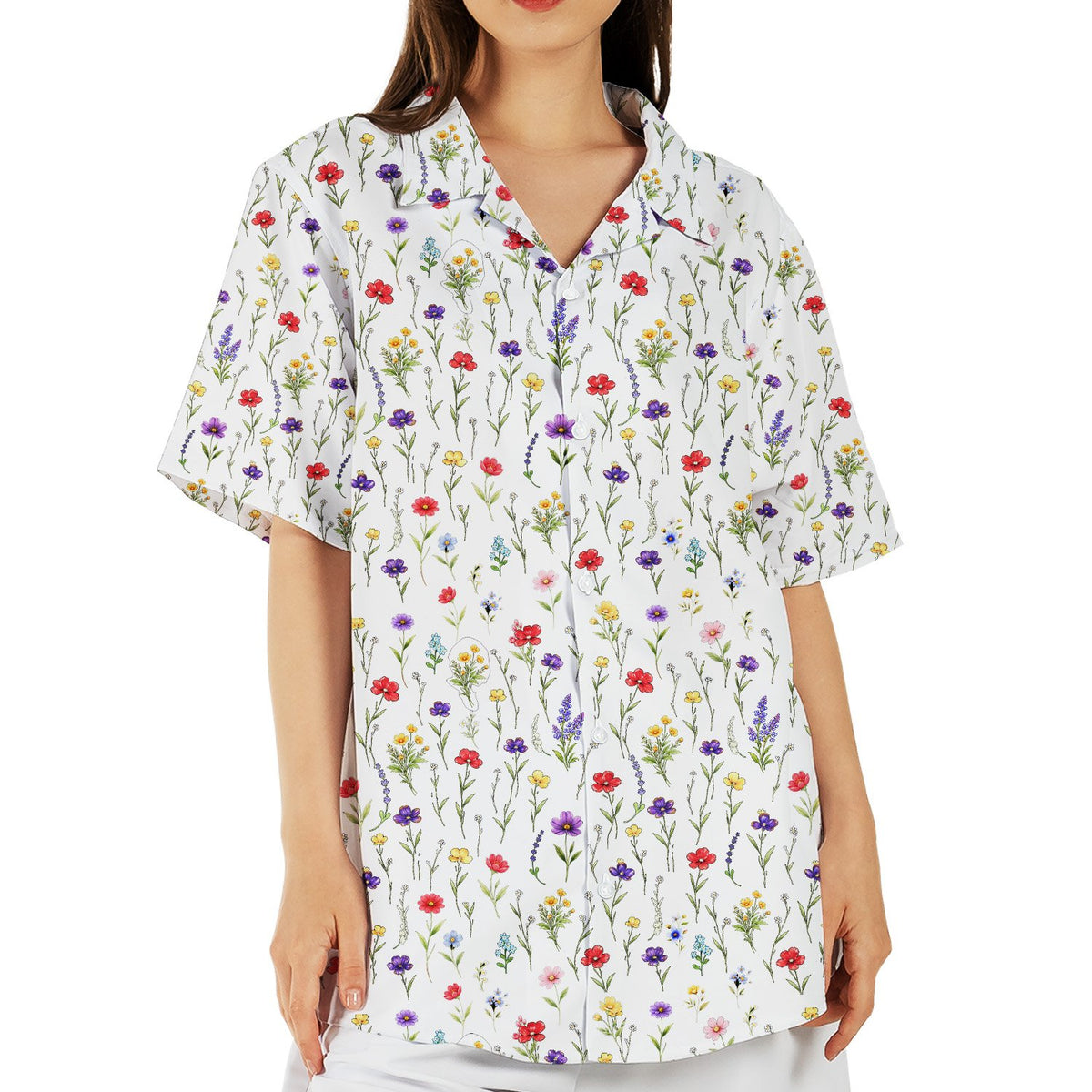 White floral hawaiian shirt featuring scattered wildflowers, front view