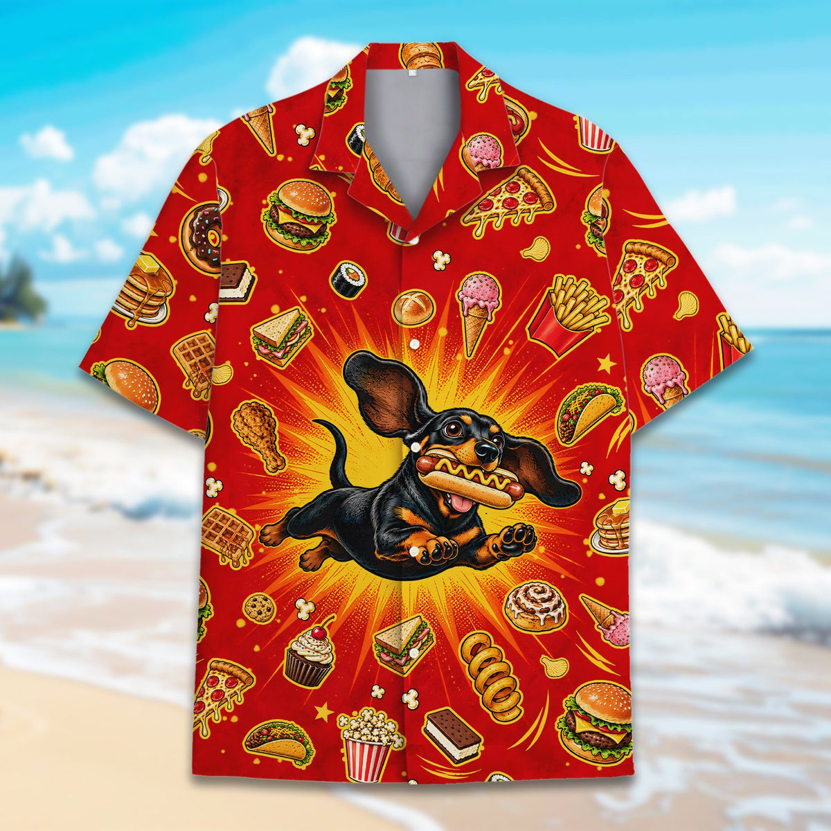 Front view showing the all-over print of the food and dachshund hawaiian shirt
