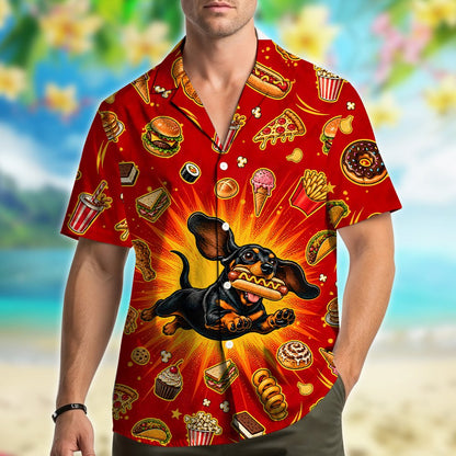 Front view of the matching family hawaiian shirt with food and dachshund design