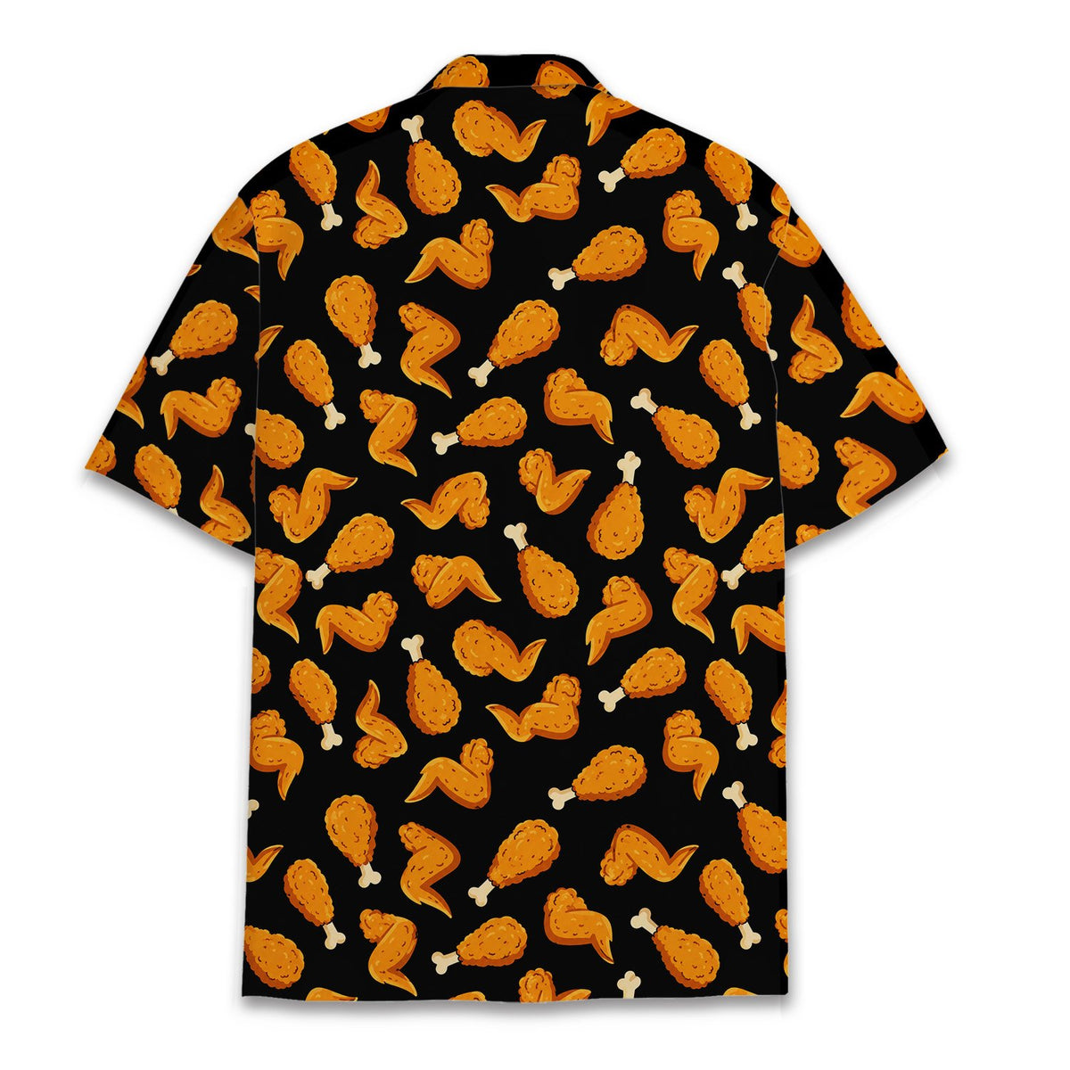 Back view of the black hawaiian shirt with scattered fried chicken design