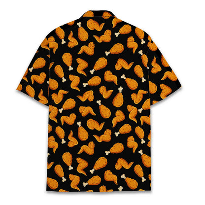 Back view of the black hawaiian shirt with scattered fried chicken design