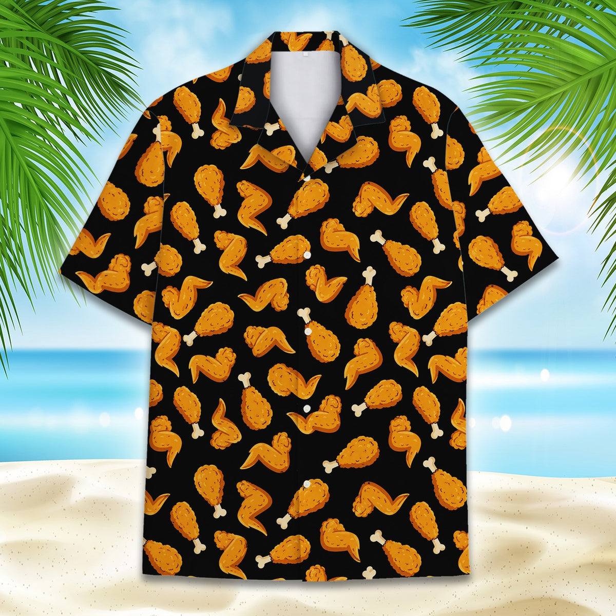 Close-up front view of the black food hawaiian shirt