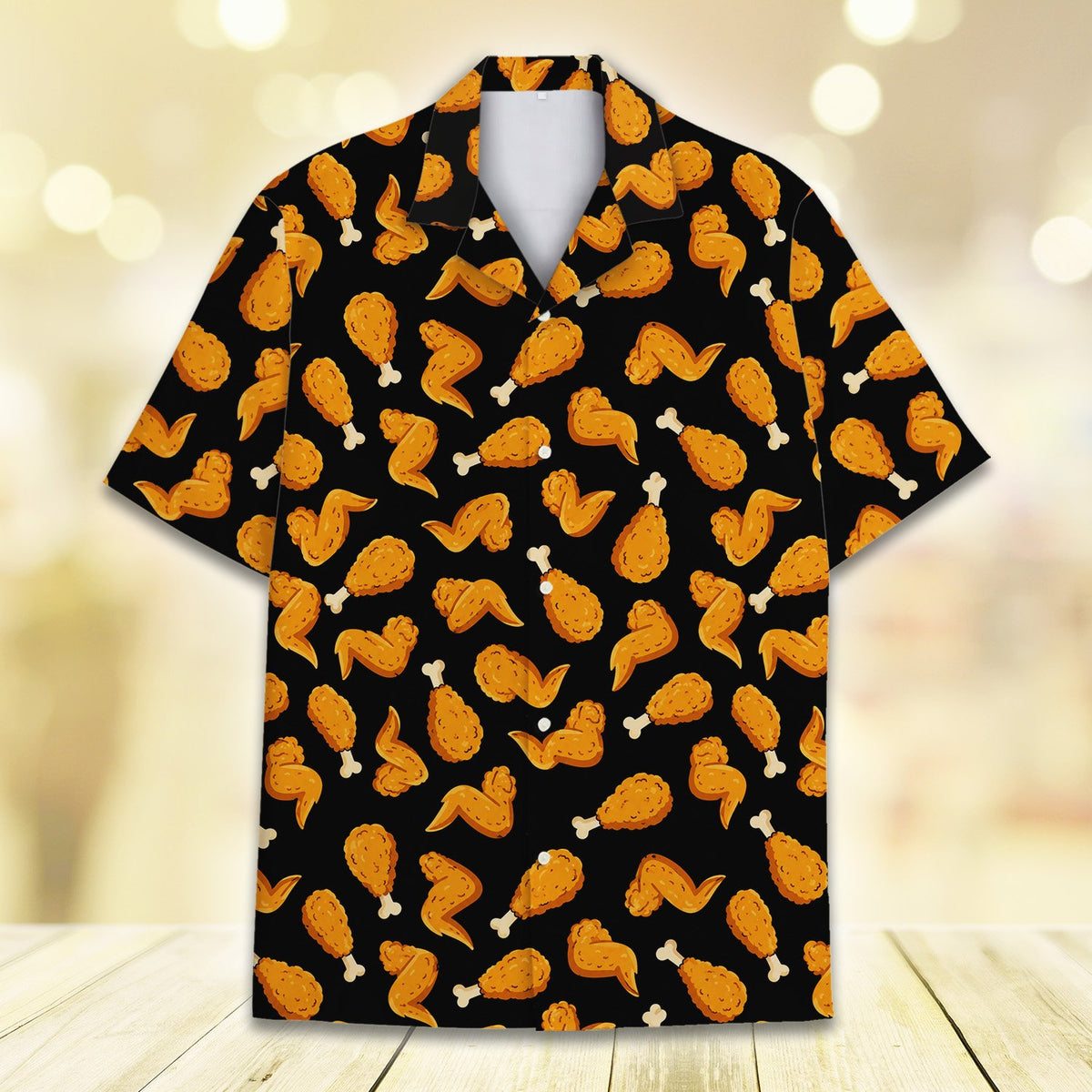 Another front angle view of the fun food-themed hawaiian shirt