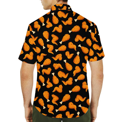Lifestyle view of someone wearing the fried chicken patterned hawaiian shirt