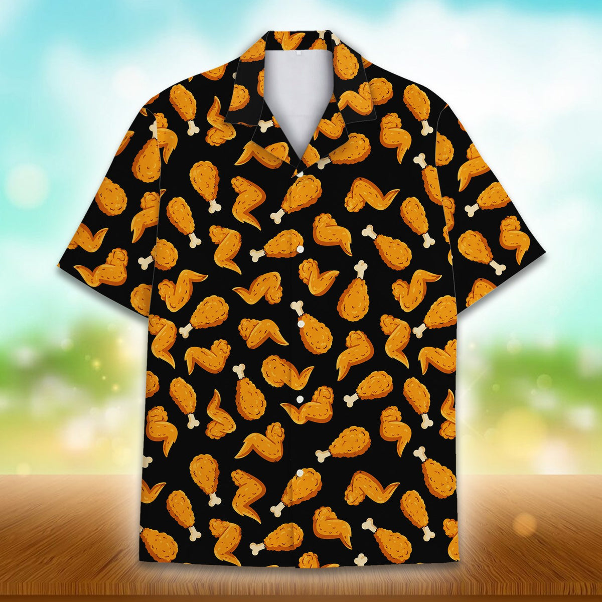 Main view of the food hawaiian shirt featuring a fried chicken pattern on a black background