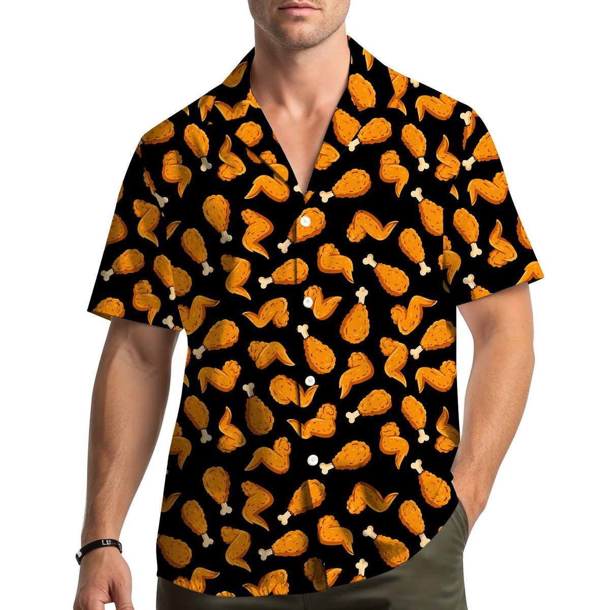 Another lifestyle view showcasing the matching family food hawaiian shirt