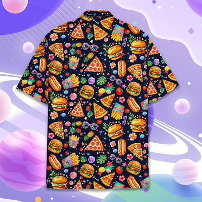 Back view 2 of the tropical hawaiian shirt with burgers and fries