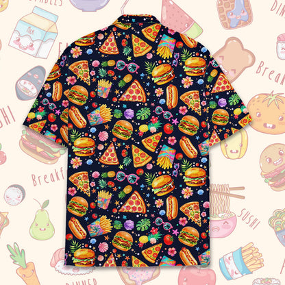 Back view of the matching family hawaiian shirt showing repeating fast food print