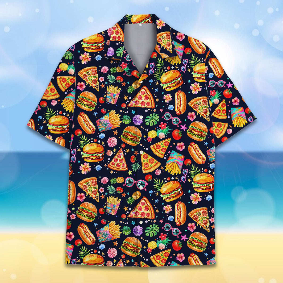 Front view 3 of the navy blue food hawaiian shirt