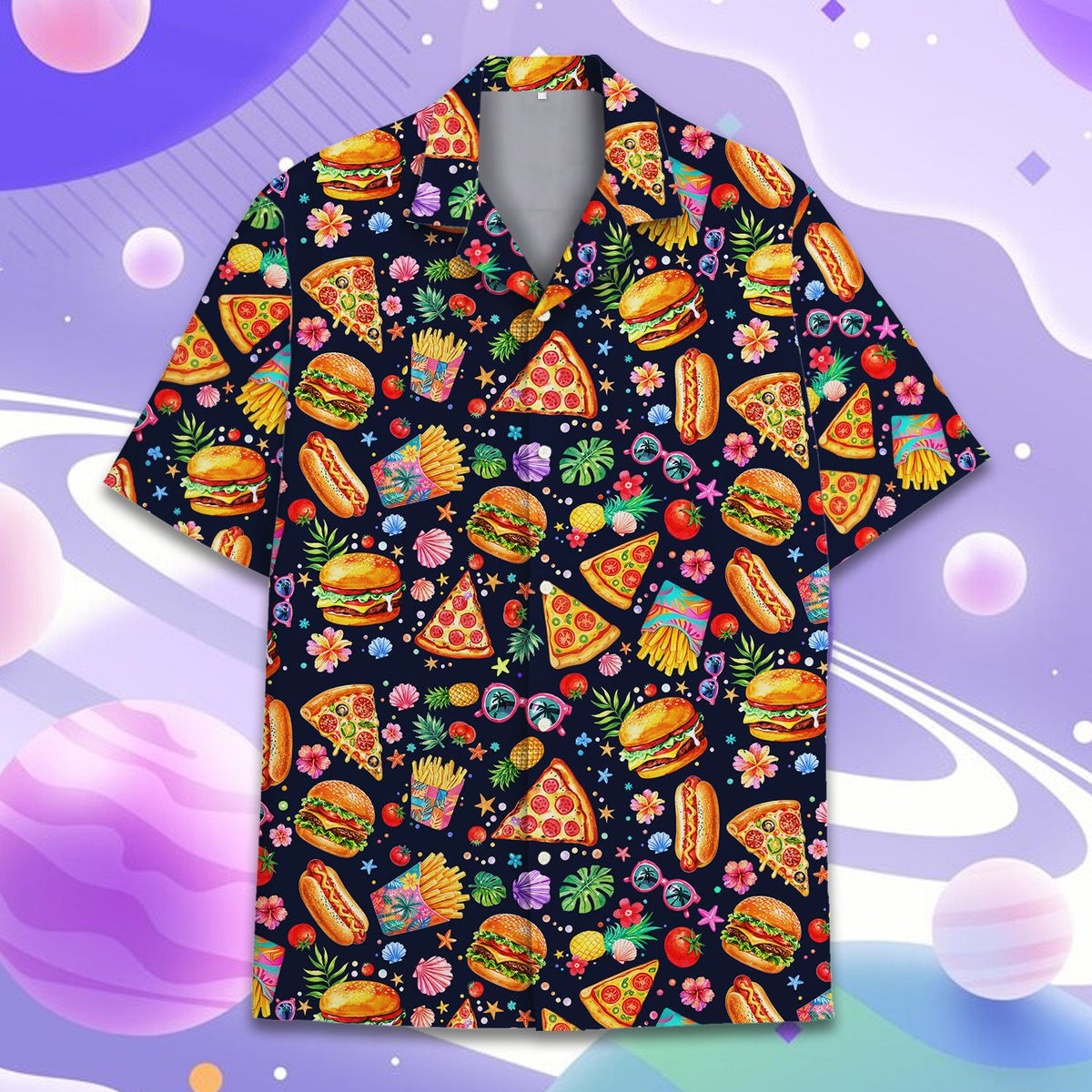 Navy blue food hawaiian shirt featuring pizza, hamburgers, and pineapples, main view 2