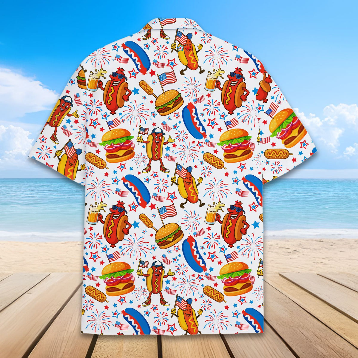 Close up of the matching family hawaiian shirt featuring anthropomorphic hot dogs and fireworks