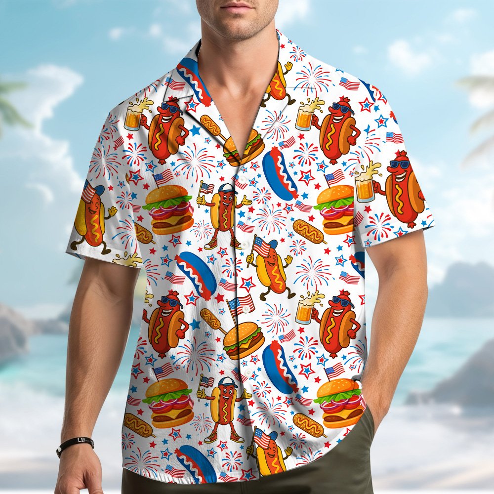 Another lifestyle view of the fourth of july bbq and fireworks hawaiian shirt outdoors