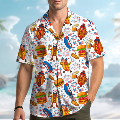 Another lifestyle view of the fourth of july bbq and fireworks hawaiian shirt outdoors