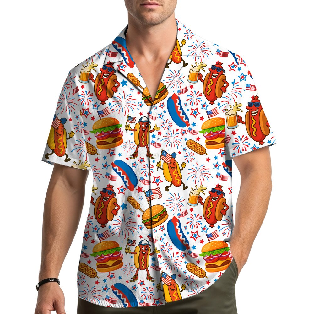 Lifestyle image of a family wearing matching fourth of july hawaiian shirts at a cookout
