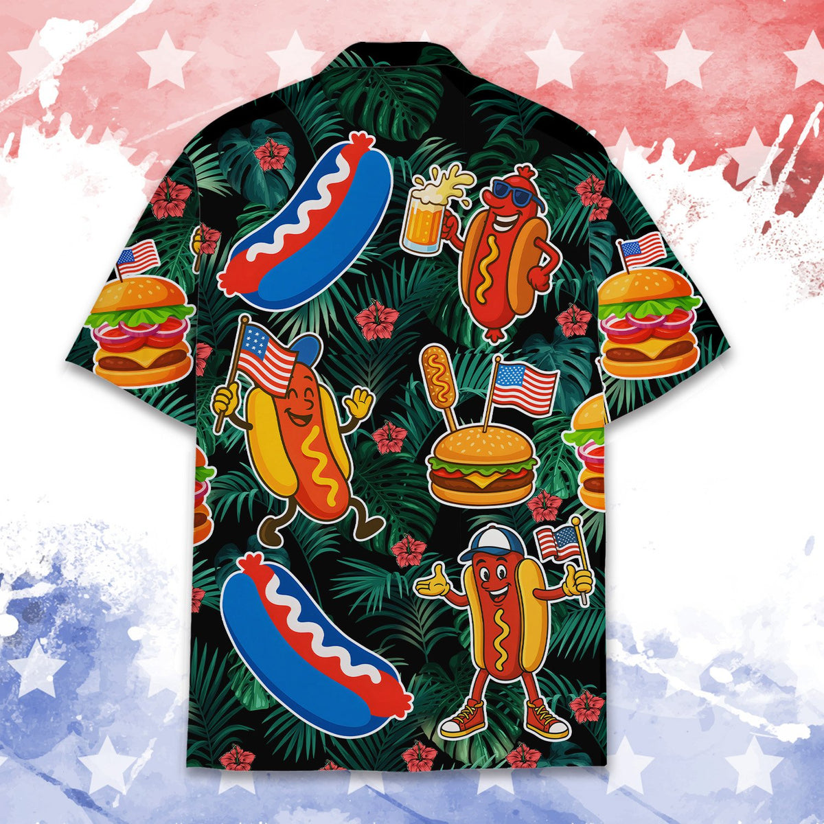 Back view of the matching family Hawaiian shirt with Independence Day graphics
