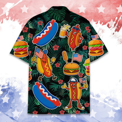 Back view of the matching family Hawaiian shirt with Independence Day graphics