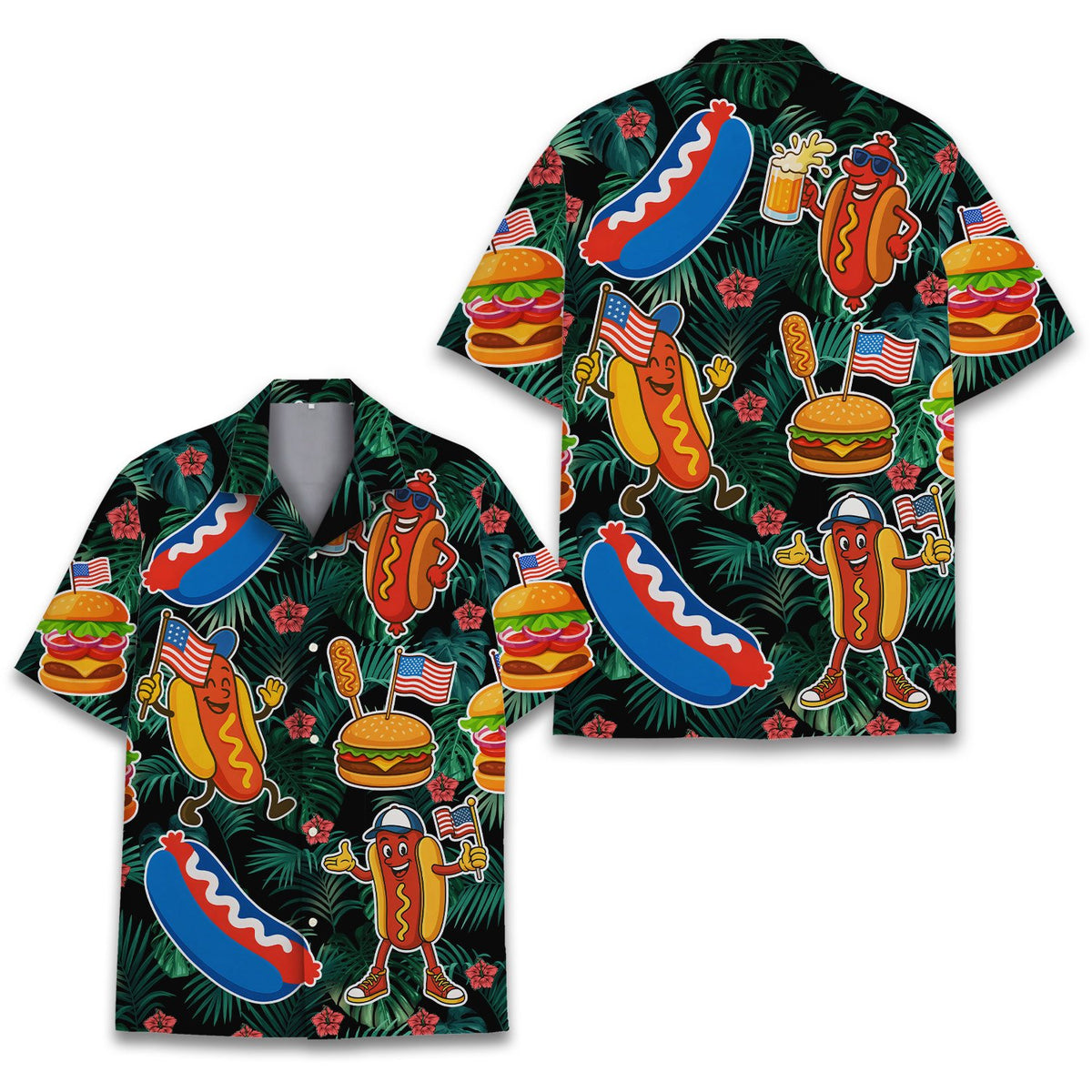 Close up front view of the tropical Hawaiian shirt with hot dogs and beer illustrations