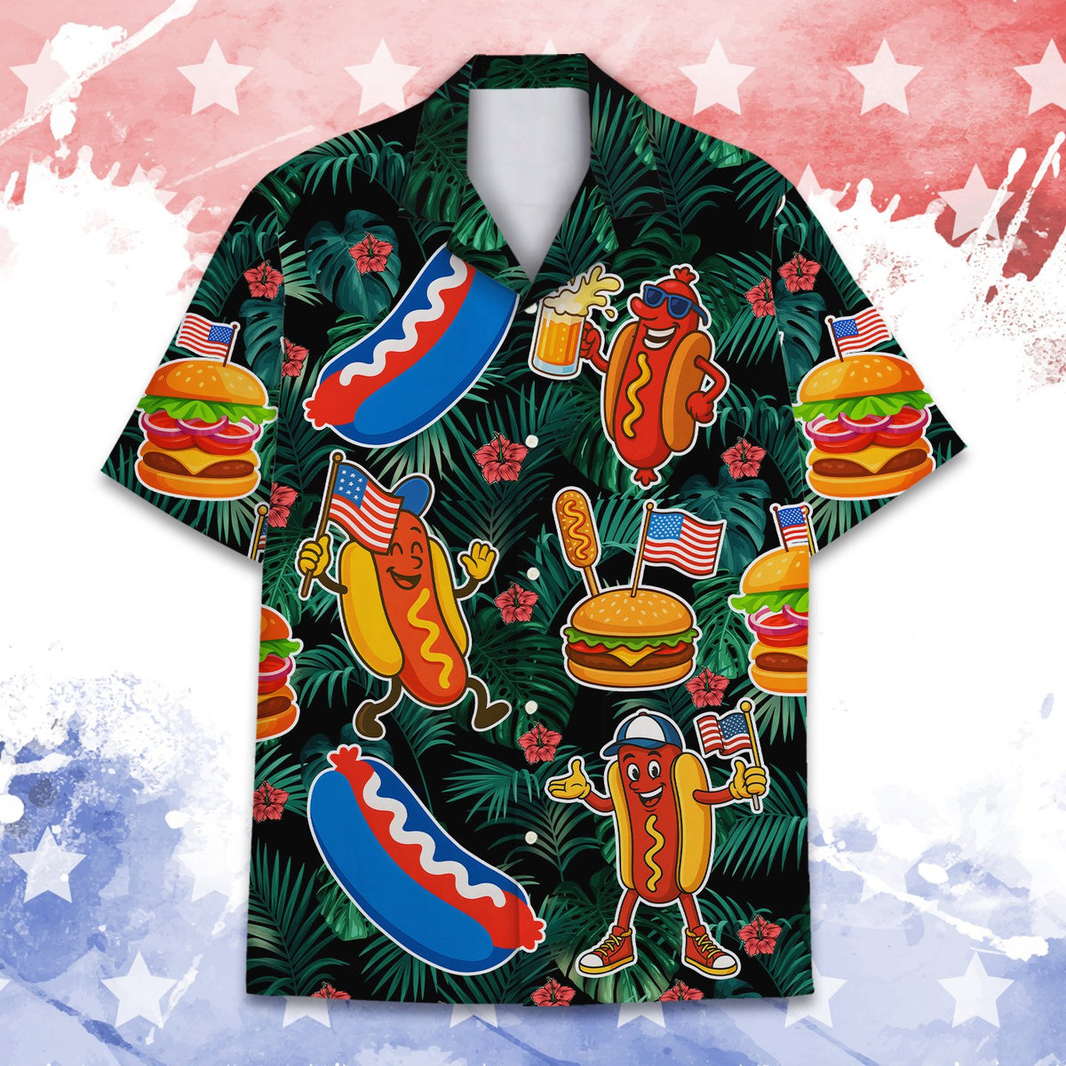 Front view of the matching family Hawaiian shirts showing BBQ food and American flags