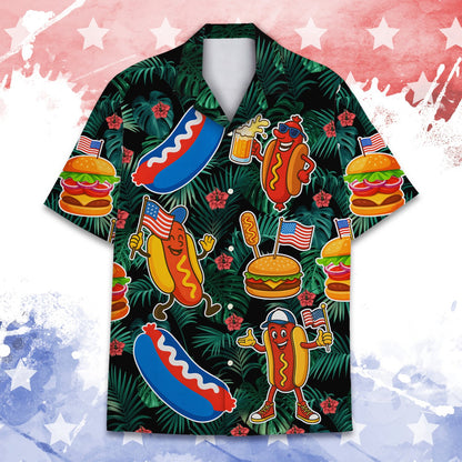Fourth of July BBQ and tropical Hawaiian shirt featuring hamburgers and palm leaves on a black background