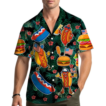 Lifestyle view of a family wearing matching Fourth of July BBQ and tropical Hawaiian shirts