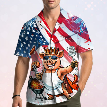 Lifestyle shot of a person wearing the matching family hawaiian shirt outdoors