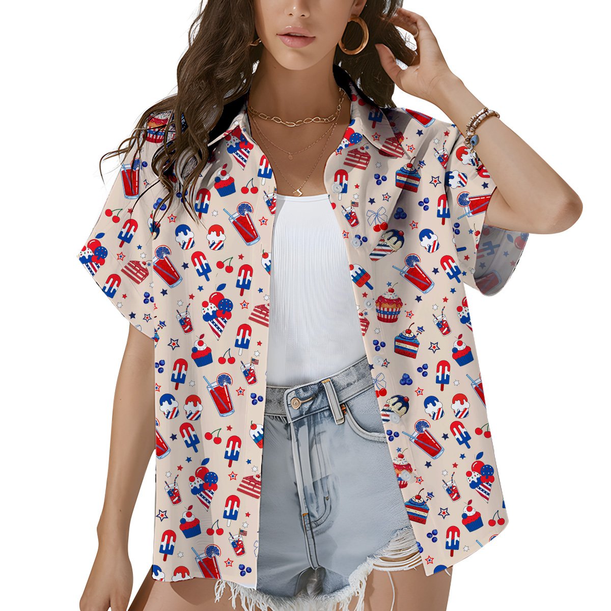 Another front view of the matching family hawaiian shirt with red, white, and blue treats