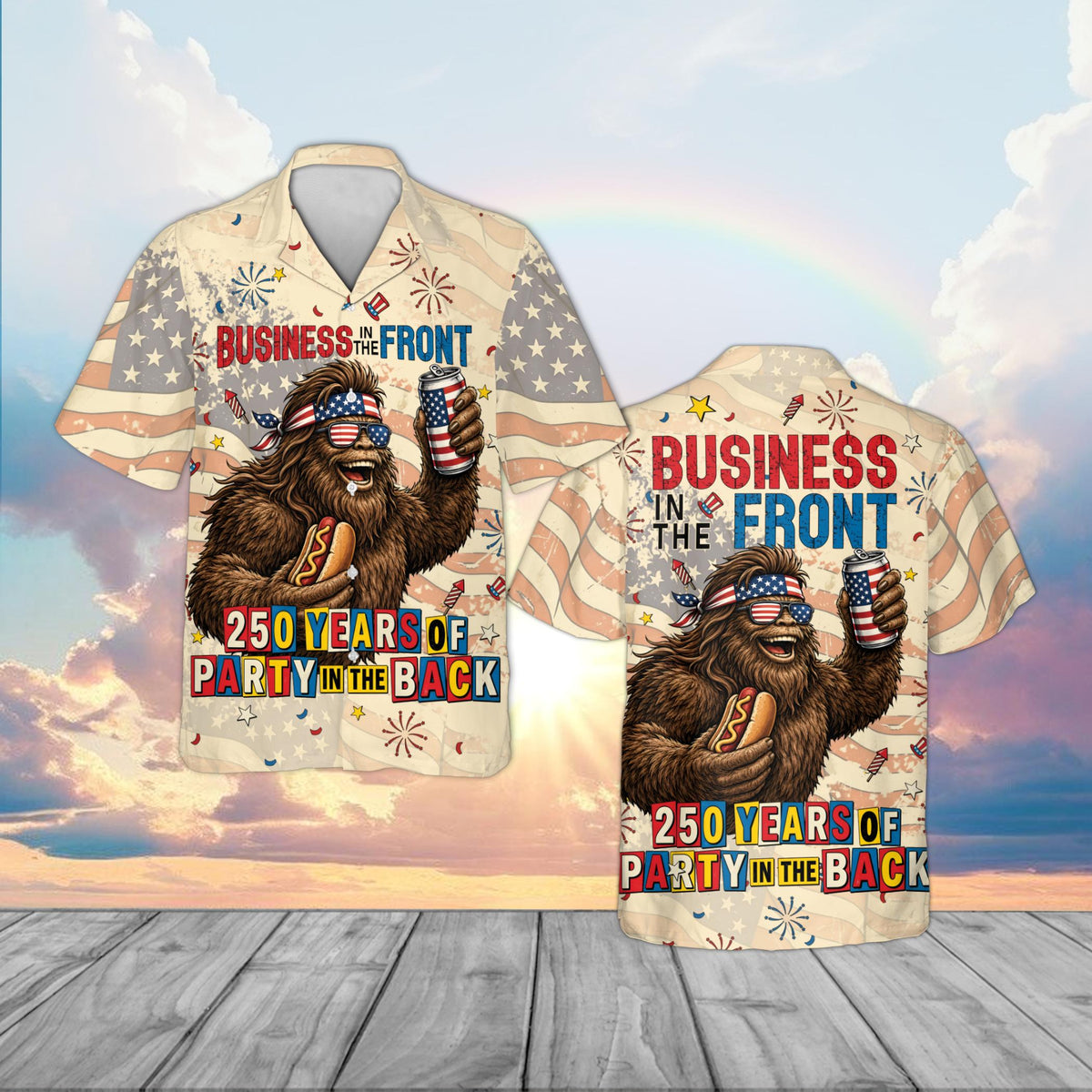 Main view of the beige fourth hawaiian shirt featuring a patriotic party in the back design
