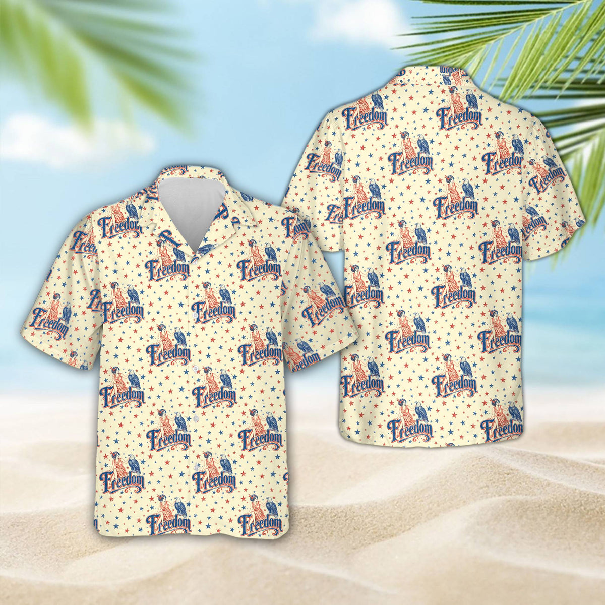 Beige fourth of july hawaiian shirt, front view