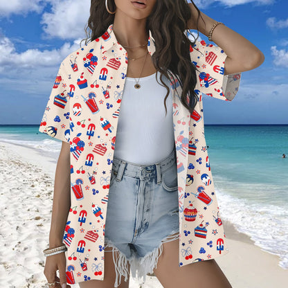 Lifestyle view of someone wearing the beige fourth of july hawaiian shirt outdoors