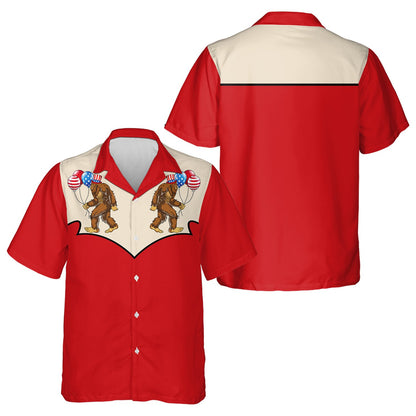 Front view of the matching family Hawaiian shirt with Bigfoot design